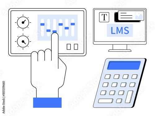 Online learning, education technology, user interface design, e-learning tools, educational resources, digital instruction. Control panel, computer interface calculator. Online learning