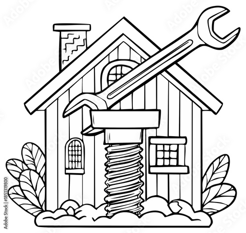 House being repaired with large wrench and screw jack structural support concept