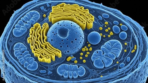 Detailed microscopic visualization of a eukaryotic cell highlighting organelles and cellular