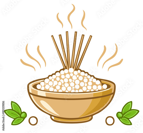 Aromatic bowl with sticks and steam, cartoon style illustration