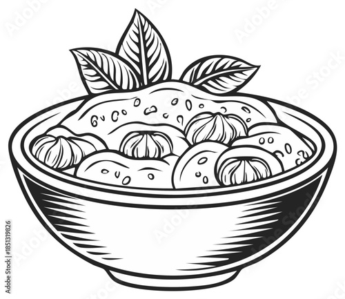 Stylized Black and White Drawing of a Bowl of Soup with Dumplings and Leaves