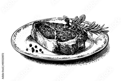 Juicy grilled steak garnished with herbs and peppercorns on ornate plate, detailed engraving style on white background, concept of gourmet meal