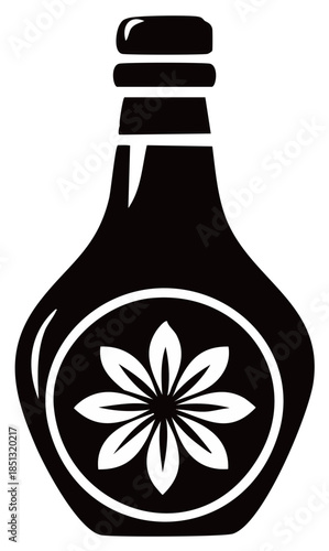 Black Bottle with Flower Ornament Design Elegant Liquid Container