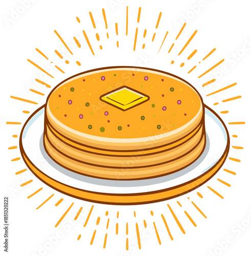 A delicious stack of cartoon pancakes with butter and colorful sprinkles shining on a plate
