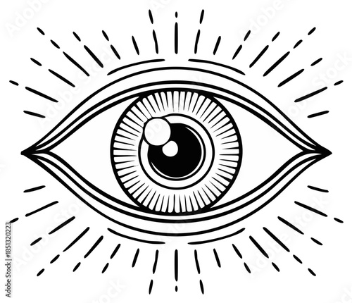 Stylized eye illustration with radiating lines symbolizing enlightenment and vision