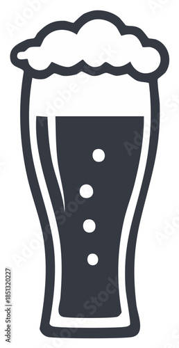Stylized vector icon of a pilsner glass of beer with a frothy foam head and bubbles