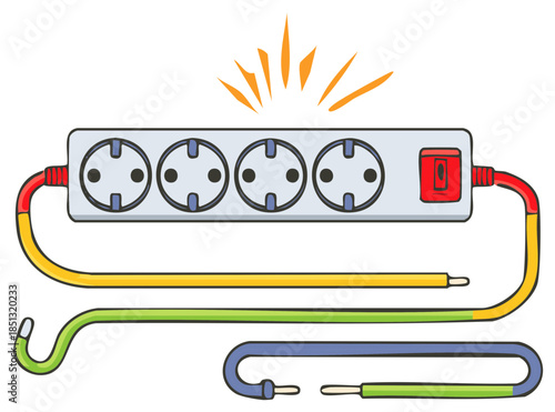 Dangerous Electrical Power Strip With Exposed Wires Causing Sparks and Hazard Illustration