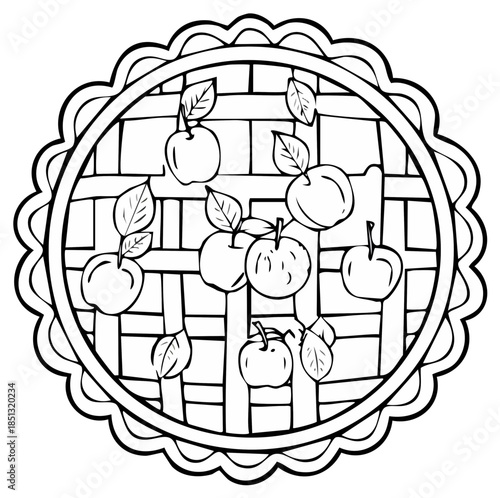 Outline illustration of apple pie with apples and leaves on top