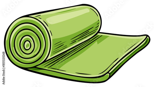 Green yoga mat rolled and unrolled illustration