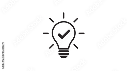 Lightbulb with Checkmark in Simple Line Art Style with Black Color on White Background for Icon or Logo