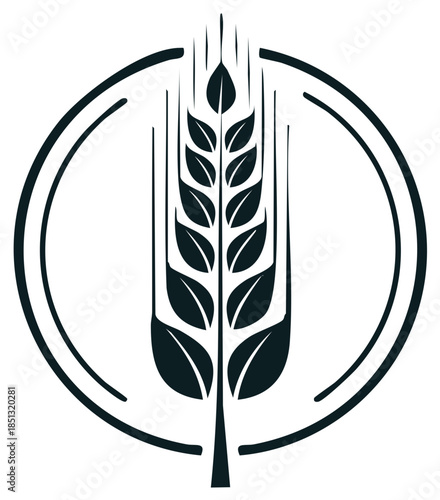 Graphic black and white wheat stalk emblem in a circular outline symbol for agriculture food branding