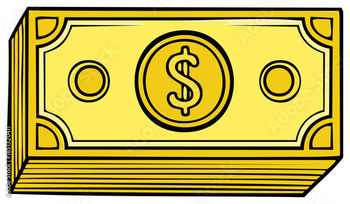 Illustrated stack of gold dollar bills, financial savings and wealth.