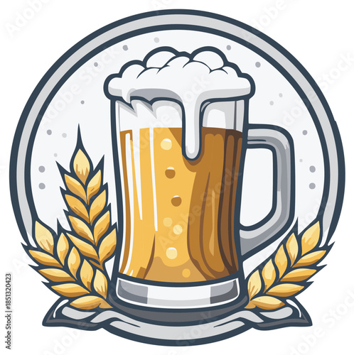 Illustration of a Frothy Beer Mug Surrounded by Golden Wheat Stalks Emblem