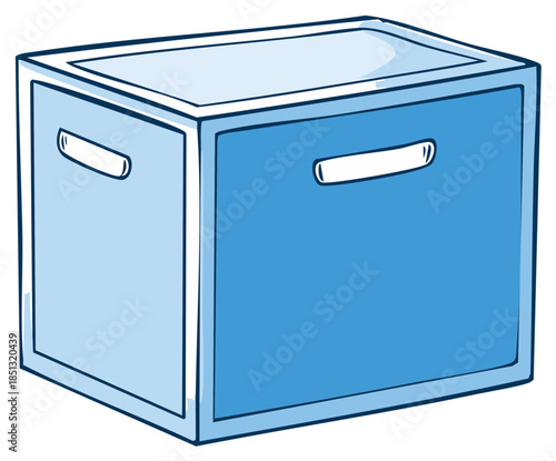 Hand drawn illustration of a blue storage container bin with handles