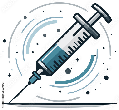 Medical syringe with blue liquid and decorative elements, healthcare concept illustration.