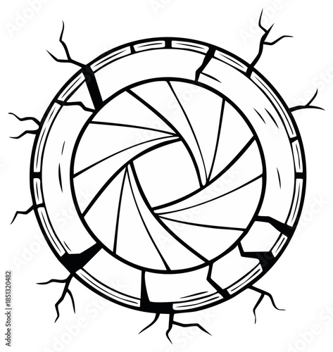 Cracked Camera Aperture Symbol with Jagged Edges in Black and White Line Art Style