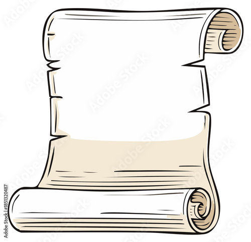 Hand drawn illustration of a blank antique parchment scroll for a message or map