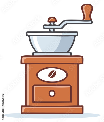 A vintage manual coffee grinder with a hand crank and drawer cartoon illustration