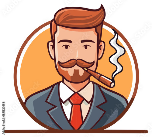 Stylish cartoon gentleman with mustache and beard smoking a cigar wearing a suit
