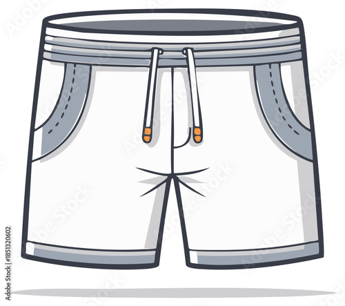 White casual drawstring shorts with side pockets, simple flat vector illustration for apparel design
