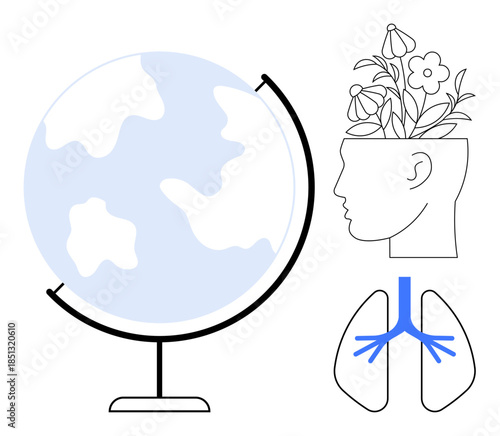 Earth globe, human head sprouting flowers, and lungs with bronchi emphasize health, nature, and environmental sustainability. Ideal for ecology, mindfulness, education, wellness climate action