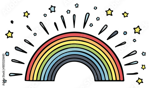 Bright cartoon rainbow with sparkling stars and water droplets creating a magical atmosphere
