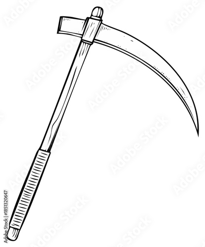 Grim Reaper's scythe hand drawn illustration, isolated, white background