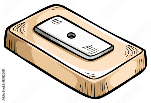 Simple wooden pencil sharpener with a metal blade in a hand-drawn cartoon style