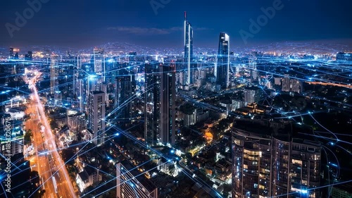 Wallpaper Mural Aerial night view of illuminated city with traffic lines reveals urban energy modern infrastructure and connected smart future Torontodigital.ca