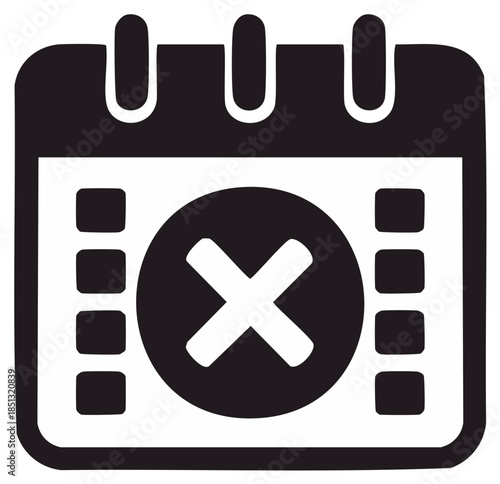 Cancelled event icon. Black calendar with cross sign indicating deadline or failed appointment.