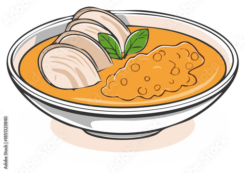 Flavorful Creamy Chicken Soup with Sliced Meat and Herb Garnish in White Bowl