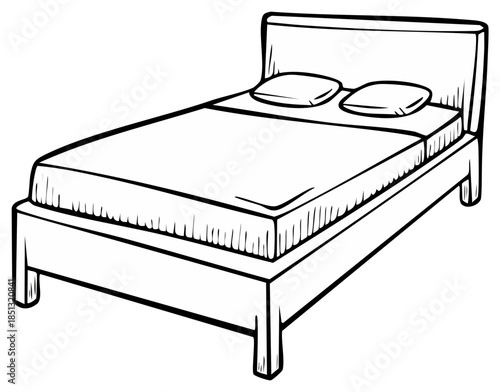 Black and white illustration of a double bed with pillows, headboard, and wooden frame.
