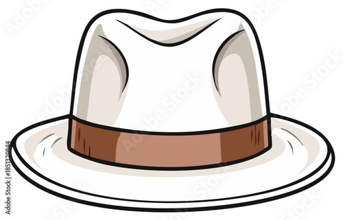 Classic white fedora hat with brown band illustrated style