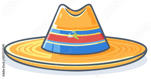 Cartoon sombrero with red, blue, yellow colors, traditional Mexican hat, summer accessory