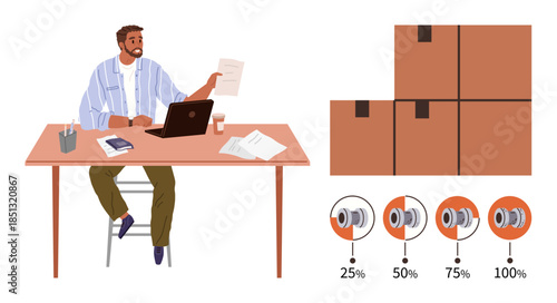 Man working at desk with logistics paperwork, laptop, and warehouse data charts beside packed boxes. Ideal for inventory, logistics, shipping, e-commerce, management, planning warehouse efficiency