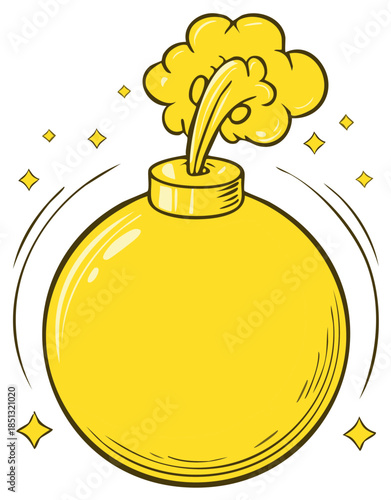 Golden round cartoon bomb with a sparkling lit fuse and smoke cloud vector illustration