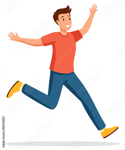 Cheerful male person running, jumping with arms open, cartoon flat style