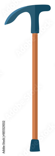 A simple blue handled walking cane with a brown wooden shaft and rubber tip
