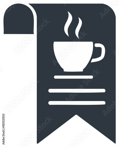 Steaming Coffee Cup Bookmark Icon Featuring Text Lines and a Ribbon Banner