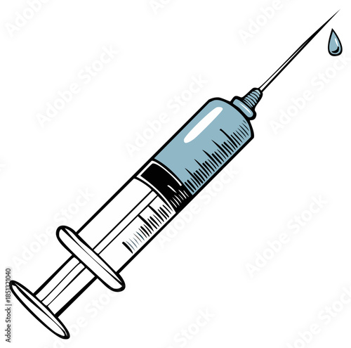 Medical syringe with liquid and a drop illustration
