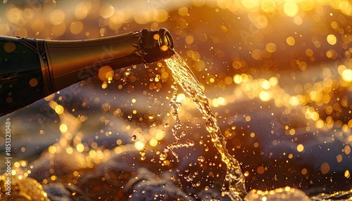 A close-up shot captures golden champagne pouring from a bottle amidst a bright, sparkling bokeh background.