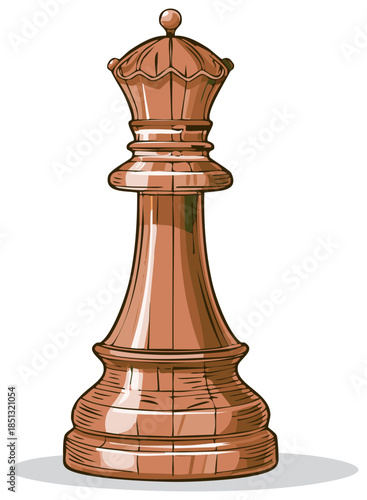 Illustration of an Isolated Chess Queen Piece With Bronze Color and Detailed Engraving