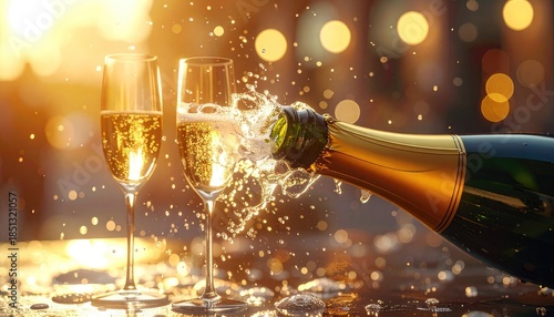 Champagne is being poured into flutes amidst a celebratory, golden light.