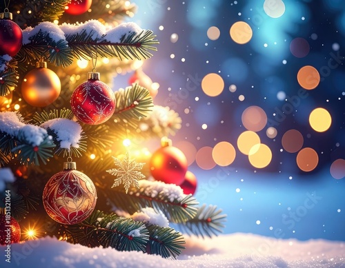 A close-up of a snow-covered Christmas tree decorated with glowing ornaments against a bokeh background.