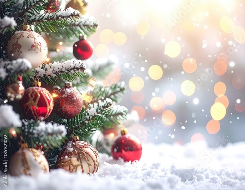 A close-up of a snow-dusted evergreen tree adorned with festive red and white ornaments against a sparkling, bokeh background.