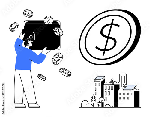 Financial planning, personal budgeting, savings, economic growth, urban development, fintech solutions. A person carrying a wallet with coins, a dollar symbol and buildings. Financial planning