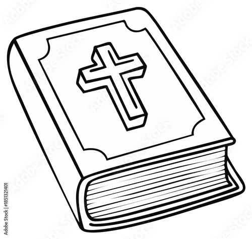 Outline Illustration of a Holy Book with Christian Cross on Cover Religious Scripture