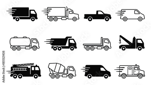 Vector illustration collection of various trucks and delivery vehicles in motion