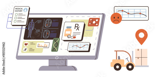Computer screen displaying medical records, diagnoses, shipments, and analytics. Ideal for healthcare, logistics, patient care, technology supply chain data management clinical research. Simple
