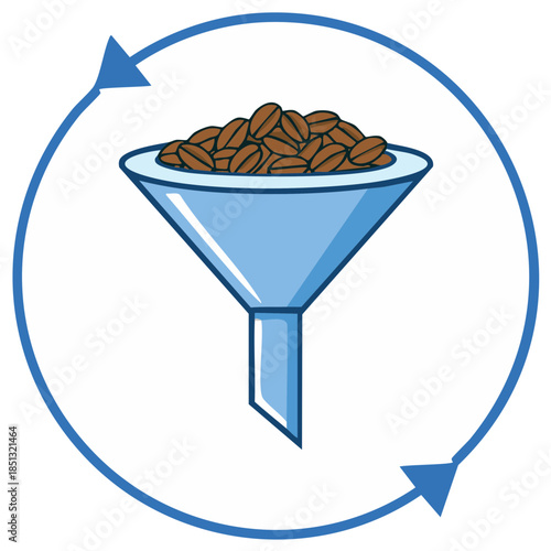 Coffee beans poured into a funnel with arrows to indicate a process.
